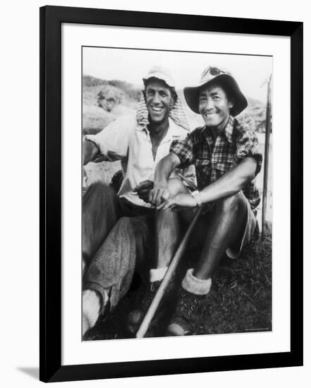 Edmund Hillary and Nepalese Sherpa Guide Tenzing Norgay Sitting Together-James Burke-Framed Premium Photographic Print