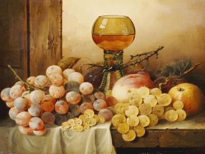 Grapes, Apple, Plums and Peach with Hock Glass on Draped Ledge