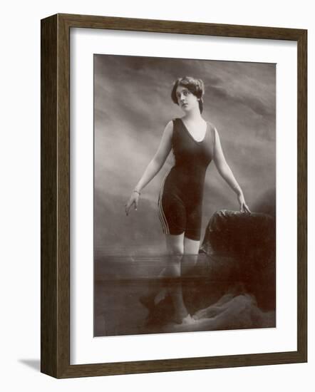 Edwardian Bathing Beauty Miss M. Odell Wears a "V"-Neck One-Piece Bathing Costume-null-Framed Photographic Print