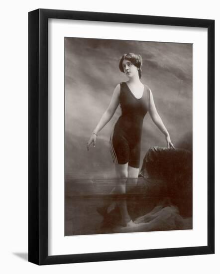 Edwardian Bathing Beauty Miss M. Odell Wears a "V"-Neck One-Piece Bathing Costume-null-Framed Photographic Print