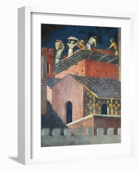 Effects of Good Government in City, Masons at Work-Ambrogio Lorenzetti-Framed Giclee Print