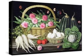 Eggs, Broad Beans and Roses in Basket, 1995-Amelia Kleiser-Stretched Canvas