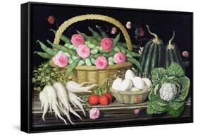 Eggs, Broad Beans and Roses in Basket, 1995-Amelia Kleiser-Framed Stretched Canvas