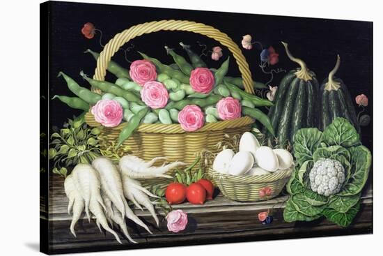 Eggs, Broad Beans and Roses in Basket, 1995-Amelia Kleiser-Stretched Canvas