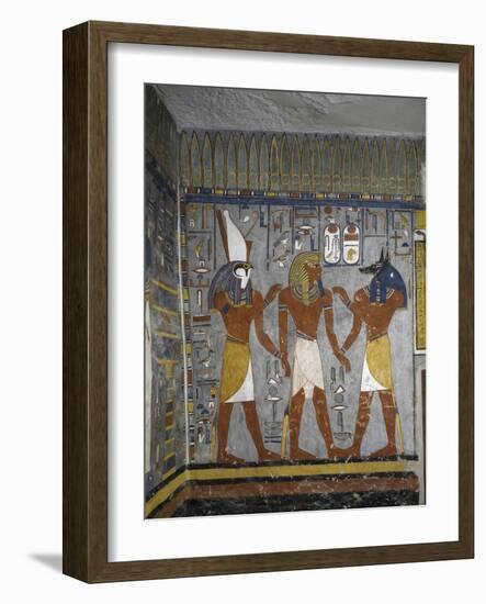 Egypt, Tomb of Ramses I, Mural Painting of Pharaoh Between Harsiesis and Anubis in Burial Chamber-null-Framed Giclee Print