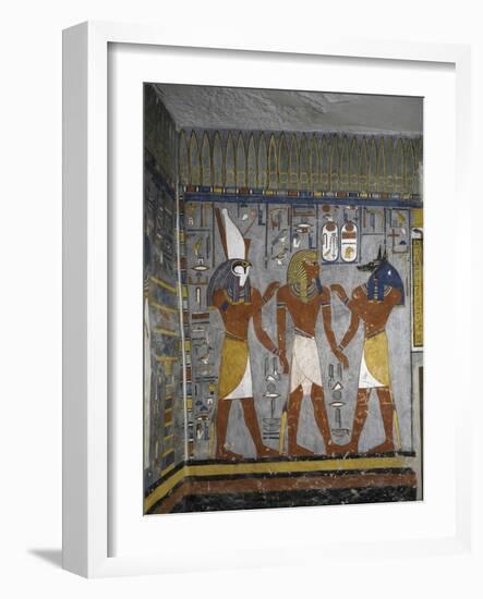 Egypt, Tomb of Ramses I, Mural Painting of Pharaoh Between Harsiesis and Anubis in Burial Chamber-null-Framed Giclee Print