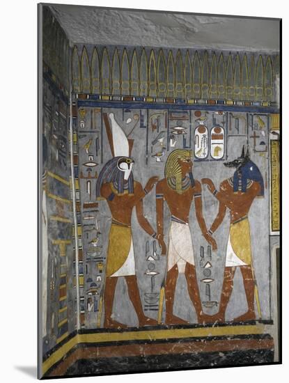 Egypt, Tomb of Ramses I, Mural Painting of Pharaoh Between Harsiesis and Anubis in Burial Chamber-null-Mounted Giclee Print