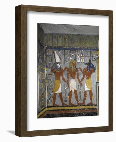 Egypt, Tomb of Ramses I, Mural Painting of Pharaoh Between Harsiesis and Anubis in Burial Chamber-null-Framed Giclee Print
