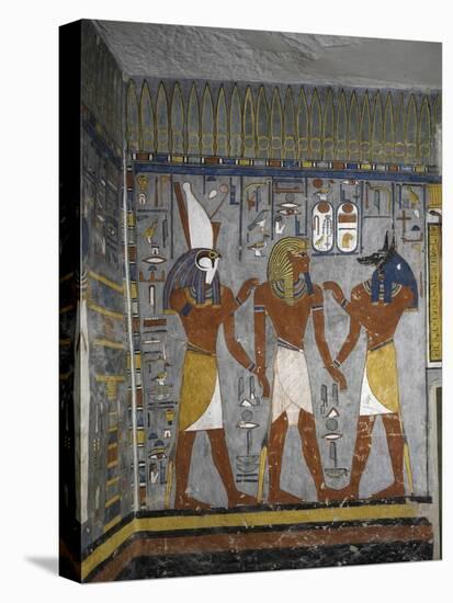 Egypt, Tomb of Ramses I, Mural Painting of Pharaoh Between Harsiesis and Anubis in Burial Chamber-null-Stretched Canvas