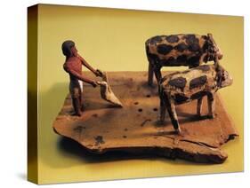 Egyptian Civilization. Painted Wood Model of Ploughman and Oxen-null-Stretched Canvas