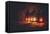 Eid Colorful Lamps or Lanterns for Ramadan and Other Islamic Muslim Holidays, with Copy Space for T-null-Framed Stretched Canvas