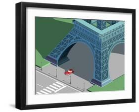 Eiffel Tower and Red Car Isometric-Nikola Knezevic-Framed Art Print