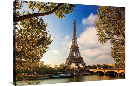 'Eiffel Tower & Seine Bridge' Stretched Canvas Print | AllPosters.com