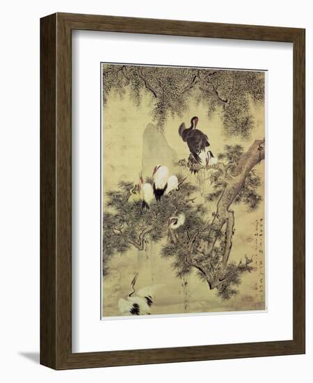 Eight Red-Crested Herons in a Pine Tree, 1754-Hua Yan-Framed Premium Giclee Print