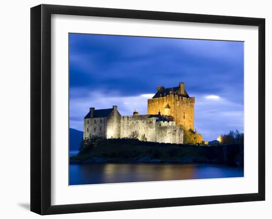 Eilean Donan Castle Floodlit Against Deep Blue Twilight Sky and Water of Loch Duich, Near Dornie, K-Lee Frost-Framed Photographic Print