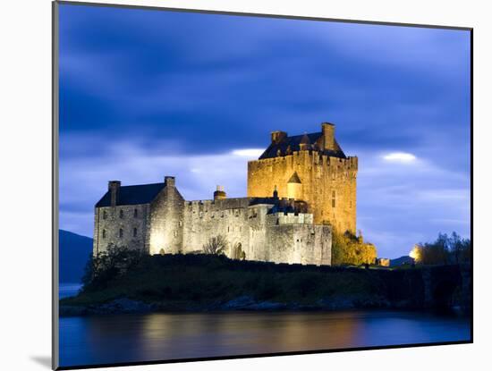 Eilean Donan Castle Floodlit Against Deep Blue Twilight Sky and Water of Loch Duich, Near Dornie, K-Lee Frost-Mounted Photographic Print