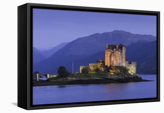 Eilean Donan Castle Floodlit at Night on Loch Duich, Scotland, United Kingdom-John Woodworth-Framed Stretched Canvas