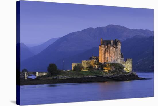 Eilean Donan Castle Floodlit at Night on Loch Duich, Scotland, United Kingdom-John Woodworth-Stretched Canvas