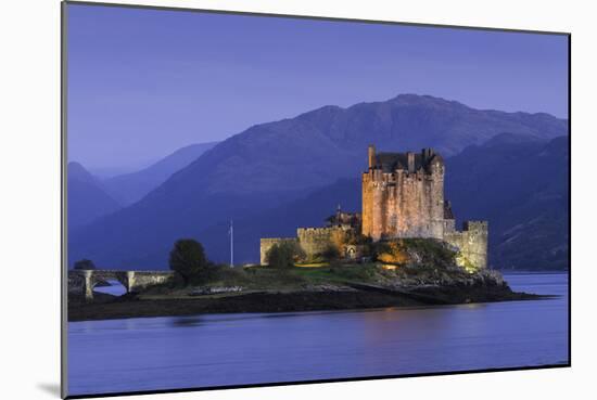 Eilean Donan Castle Floodlit at Night on Loch Duich, Scotland, United Kingdom-John Woodworth-Mounted Photographic Print