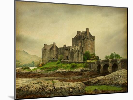 Eilean Donan Castle on a Cloudy Day. Low Tide. Scotland, Uk. Photo in Retro Style. Paper Texture.-A_nella-Mounted Photographic Print