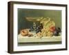 Ein Champagnerglas, Weintrauben, Pflaumen und Pfirsiche auf einer Marmorplatte-Emilie Preyer-Framed Giclee Print