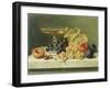 Ein Champagnerglas, Weintrauben, Pflaumen und Pfirsiche auf einer Marmorplatte-Emilie Preyer-Framed Giclee Print