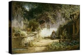 Ein Reh besucht einen handarbeitenden Klausner-Carl Spitzweg-Stretched Canvas