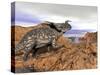 Einiosaurus Dinosaur on a Rock Observing an Argentinosaurus-null-Stretched Canvas