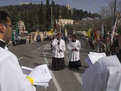 Palestinian Priests Heading the Palm Sunday Catholic Procession, Mount of Olives, Jerusalem, Israel