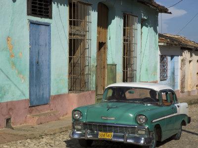 Typical Paved Street with Colourful Houses and Old American Car, Trinidad, Cuba, West Indies