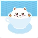 Cute Kawai Cat in Blue Cup of Froth Art Coffee, Coffee Art Isolated on White Background. Latte Art-EkaterinaP-Mounted Art Print