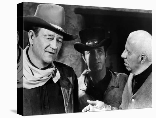 EL DORADO, 1967 directed by HOWARD HAWKS On the set, Howard Hawks with John Wayne and James Caan (b-null-Stretched Canvas