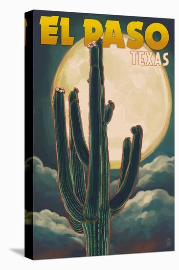 El Paso, Texas - Cactus and Full Moon-Lantern Press-Stretched Canvas