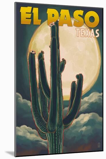 El Paso, Texas - Cactus and Full Moon-Lantern Press-Mounted Art Print