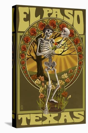 El Paso, Texas - Day of the Dead - Skeleton Holding Sugar Skull-Lantern Press-Stretched Canvas