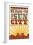 El Paso, Texas - Skyline and Sunburst Screenprint Style-Lantern Press-Framed Art Print