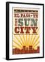 El Paso, Texas - Skyline and Sunburst Screenprint Style-Lantern Press-Framed Art Print