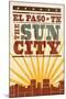 El Paso, Texas - Skyline and Sunburst Screenprint Style-Lantern Press-Mounted Art Print