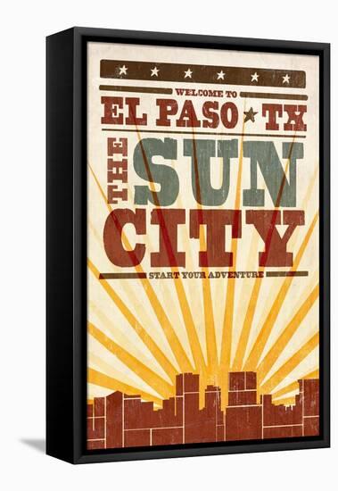 El Paso, Texas - Skyline and Sunburst Screenprint Style-Lantern Press-Framed Stretched Canvas