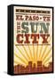 El Paso, Texas - Skyline and Sunburst Screenprint Style-Lantern Press-Framed Stretched Canvas