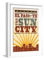 El Paso, Texas - Skyline and Sunburst Screenprint Style-Lantern Press-Framed Art Print