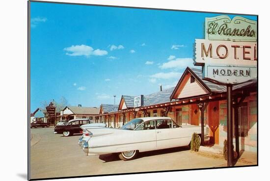 El Rancho Vintage Motel, Cadillac with Fins-null-Mounted Art Print
