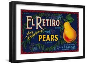 El Retiro Pear Crate Label - San Jose, CA-Lantern Press-Framed Art Print