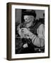 Elderly Man Knitting Garments During Drive to Provide Goods to Servicemen During the War-null-Framed Premium Photographic Print