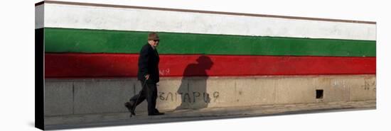 Elderly Man Passes a National Flag Painted on Front of a Polling Station in Bulgarian Capital Sofia-null-Stretched Canvas