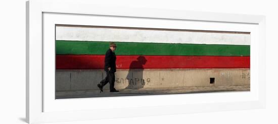 Elderly Man Passes a National Flag Painted on Front of a Polling Station in Bulgarian Capital Sofia-null-Framed Photographic Print