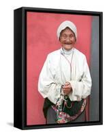 Elderly Tibetan Woman with Red Wall, Tagong, Sichuan, China-Keren Su-Framed Stretched Canvas