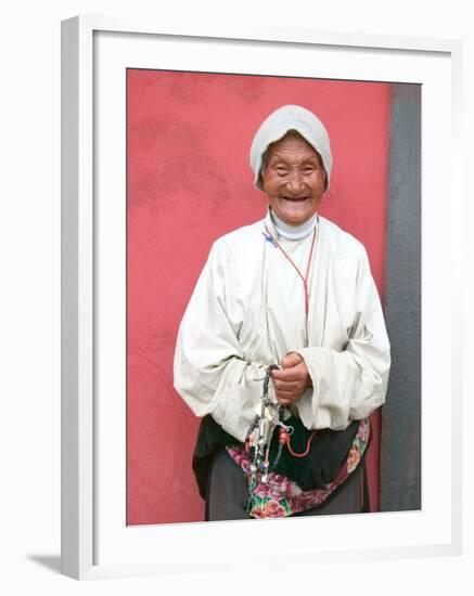 Elderly Tibetan Woman with Red Wall, Tagong, Sichuan, China-Keren Su-Framed Premium Photographic Print