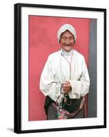 Elderly Tibetan Woman with Red Wall, Tagong, Sichuan, China-Keren Su-Framed Premium Photographic Print