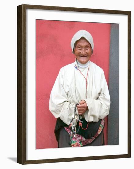 Elderly Tibetan Woman with Red Wall, Tagong, Sichuan, China-Keren Su-Framed Photographic Print